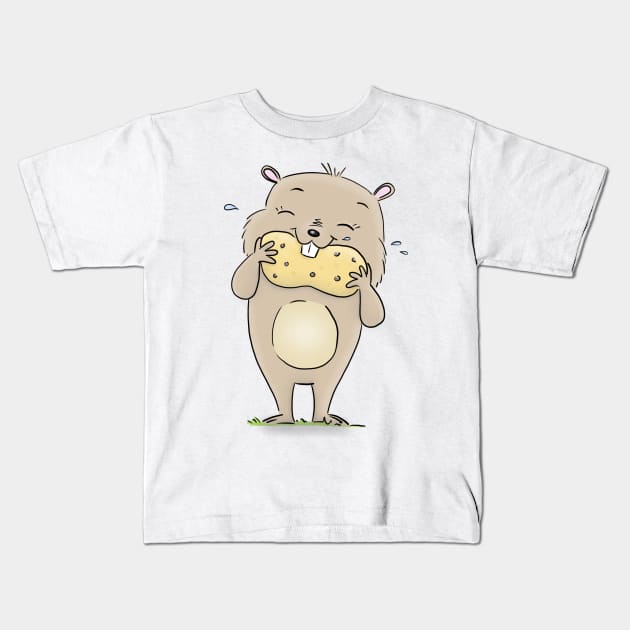 Cute funny hamster eating peanut cartoon Kids T-Shirt by FrogFactory